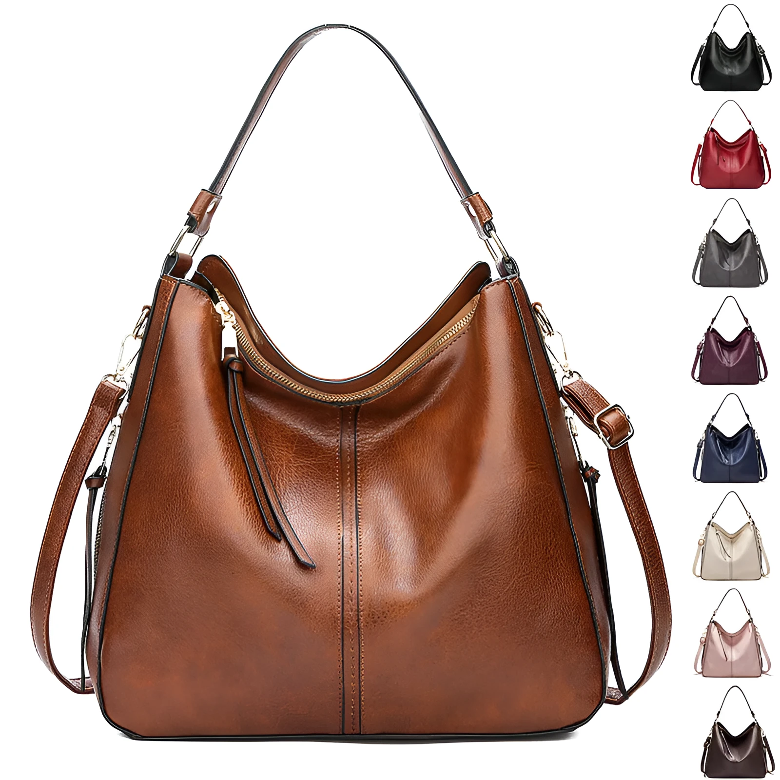 Hobos zipper bucket bag in black with adjustable shoulder strap on a woman's shoulder