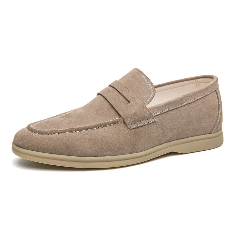 Men's black slip-on leather shoes with oversleeve design and rubber sole.