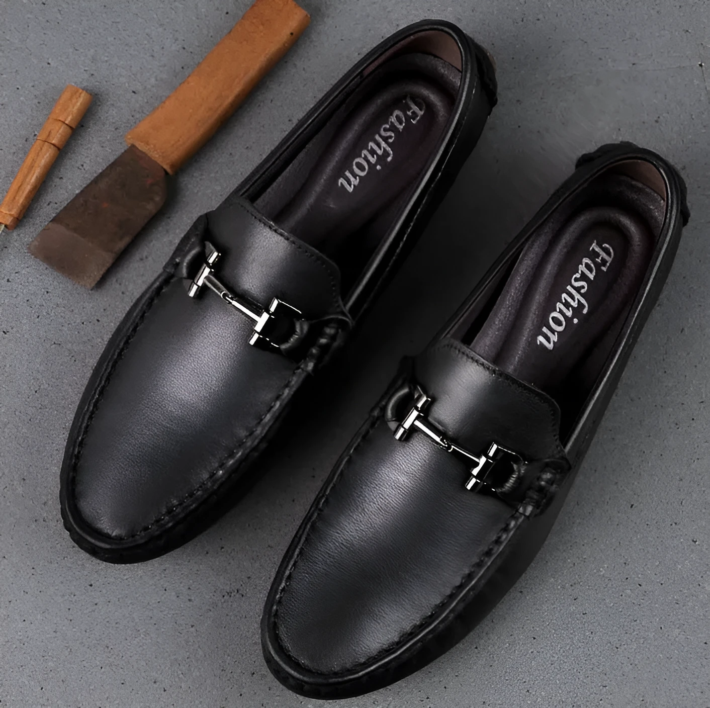 Genuine leather slip-on loafers for men casual shoes black colour