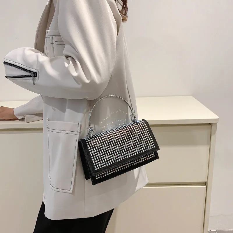 Small square chain crossbody bag for women with rhinestones in silver and black, PU construction with crossbody strap