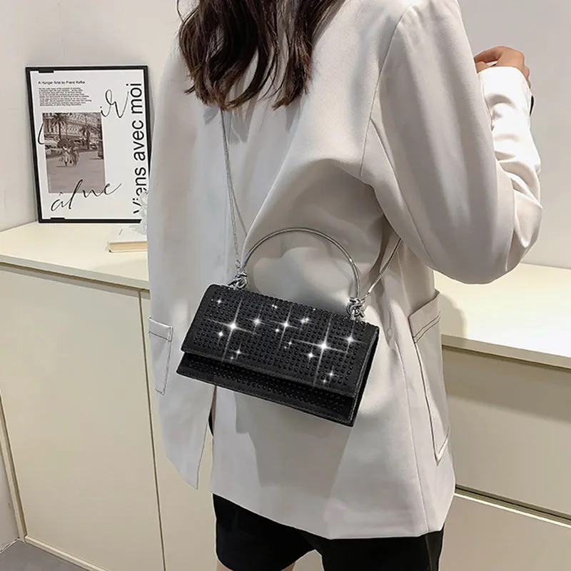 Small square chain crossbody bag for women with rhinestones in silver and black, PU construction with crossbody strap