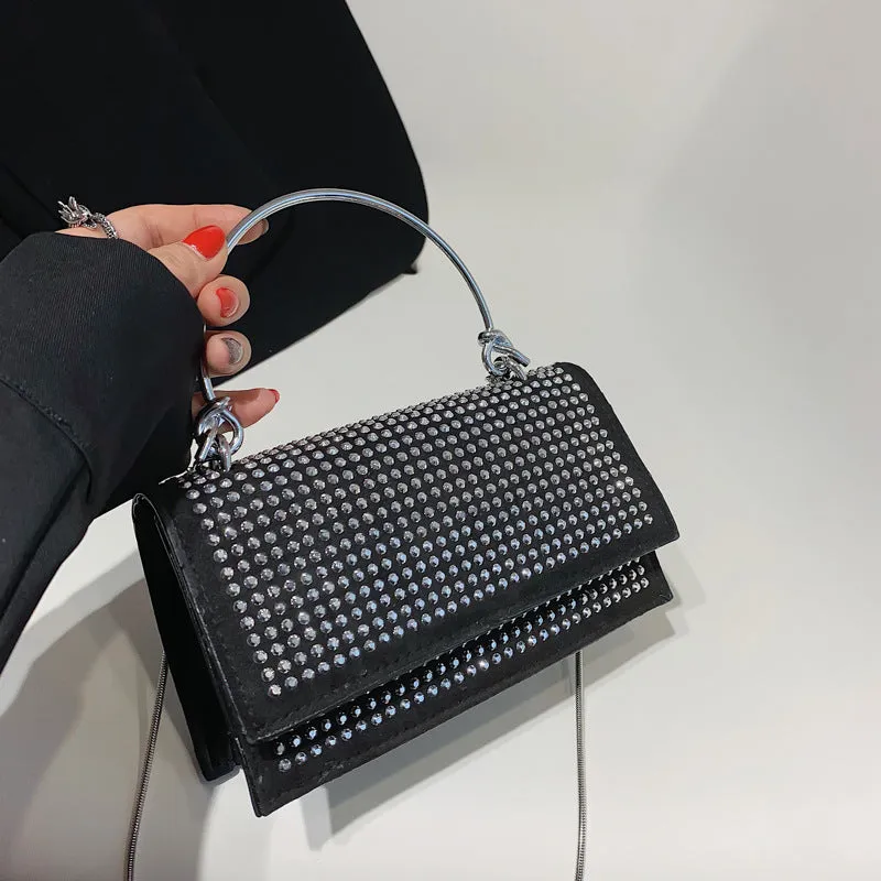 Small square chain crossbody bag for women with rhinestones in silver and black, PU construction with crossbody strap