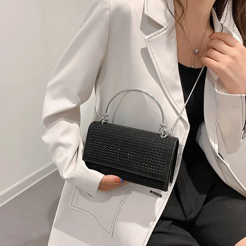 Small square chain crossbody bag for women with rhinestones in silver and black, PU construction with crossbody strap