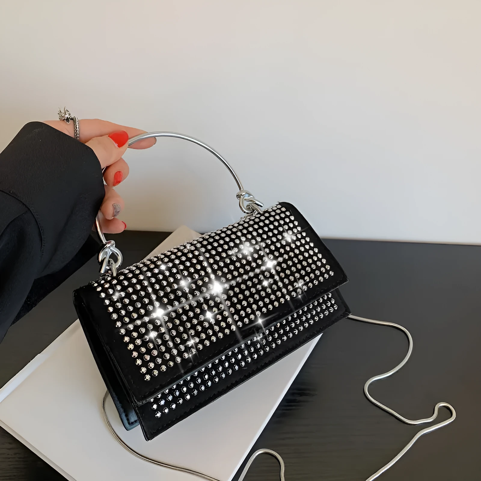 Small square chain crossbody bag for women with rhinestones in silver and black, PU construction with crossbody strap