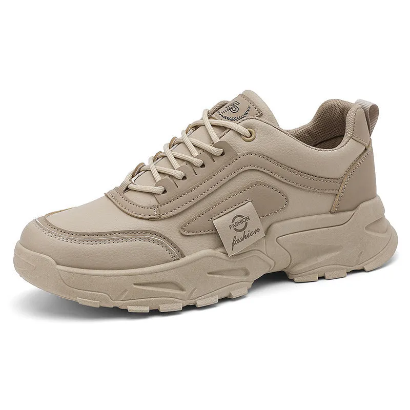 Leather waterproof outdoor sneakers in beige with low top, mesh lining, and flat heel