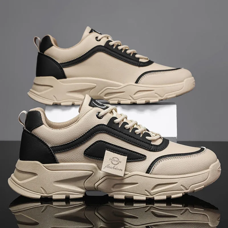 Leather waterproof outdoor sneakers in beige with low top, mesh lining, and flat heel