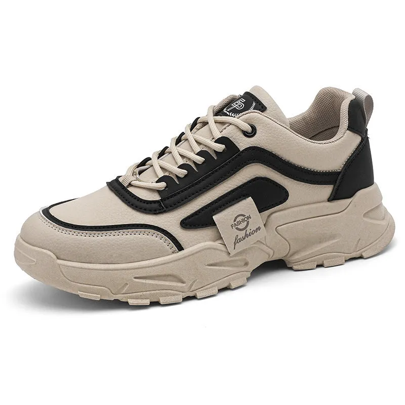 Leather waterproof outdoor sneakers in beige with low top, mesh lining, and flat heel