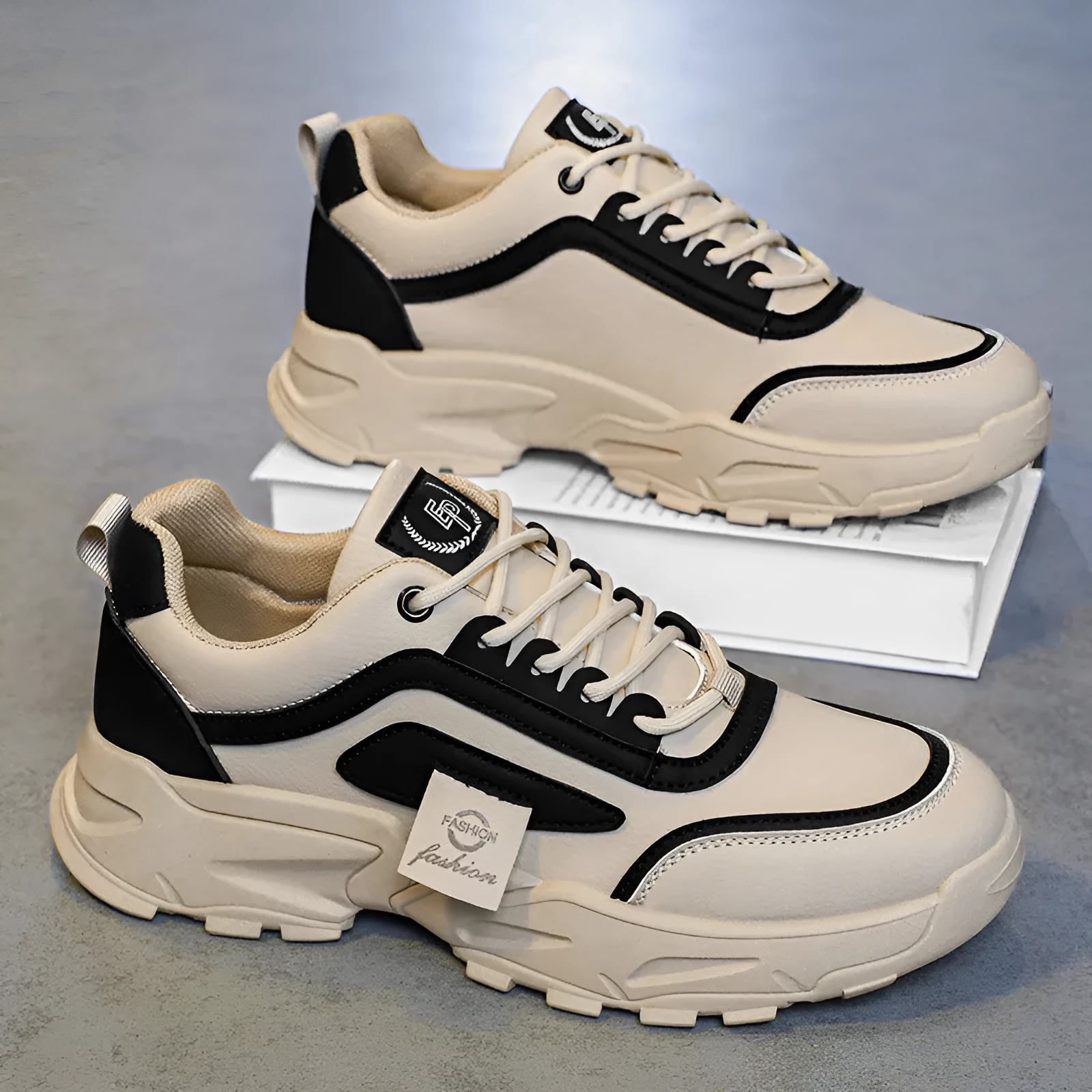 Leather waterproof outdoor sneakers in beige with low top, mesh lining, and flat heel