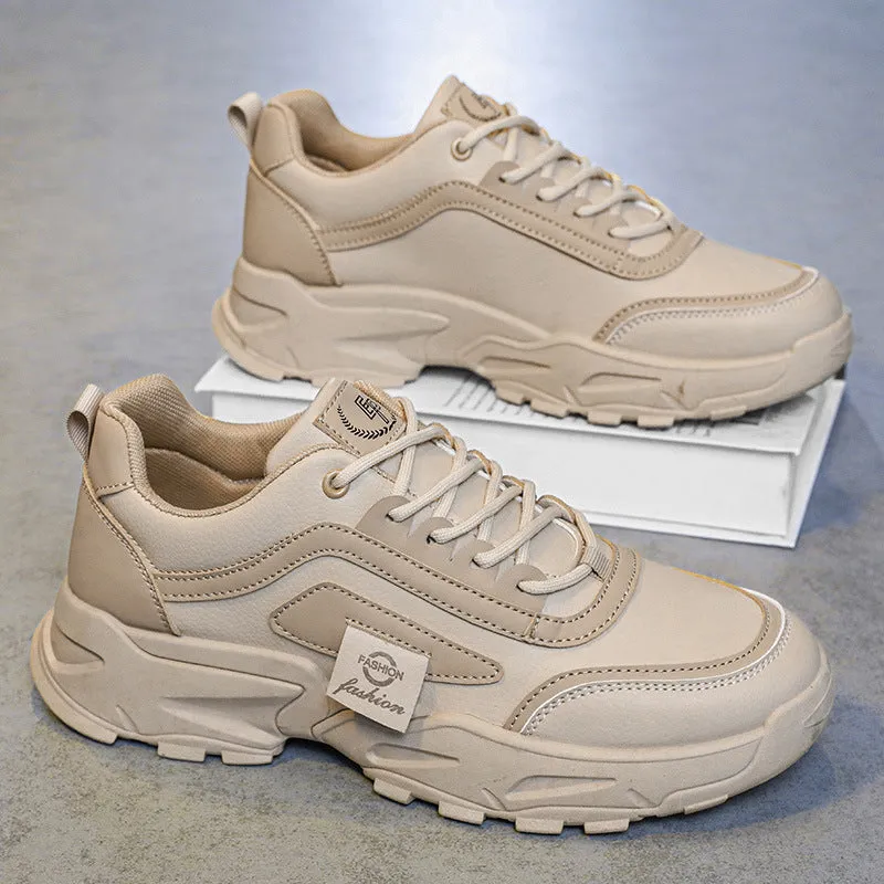 Leather waterproof outdoor sneakers in beige with low top, mesh lining, and flat heel