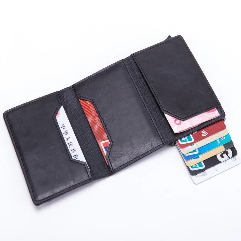 Smart PU wallet in carbon black with RFID blocking, 6.5 by 10 by 1.8 centimetres