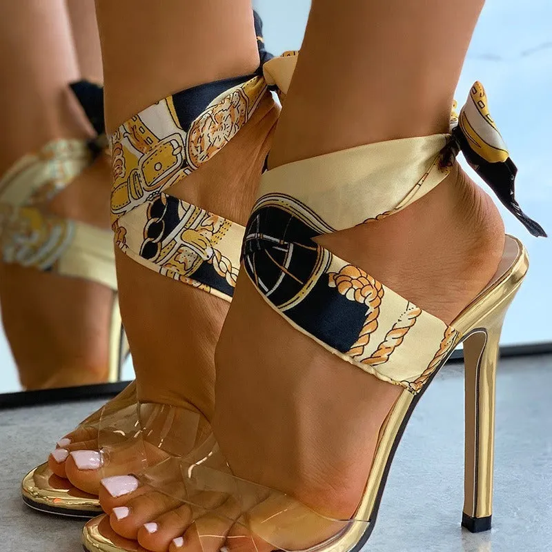Gold women's high heels with leopard herringbone chain cross twine design and round toe in sizes 37-42