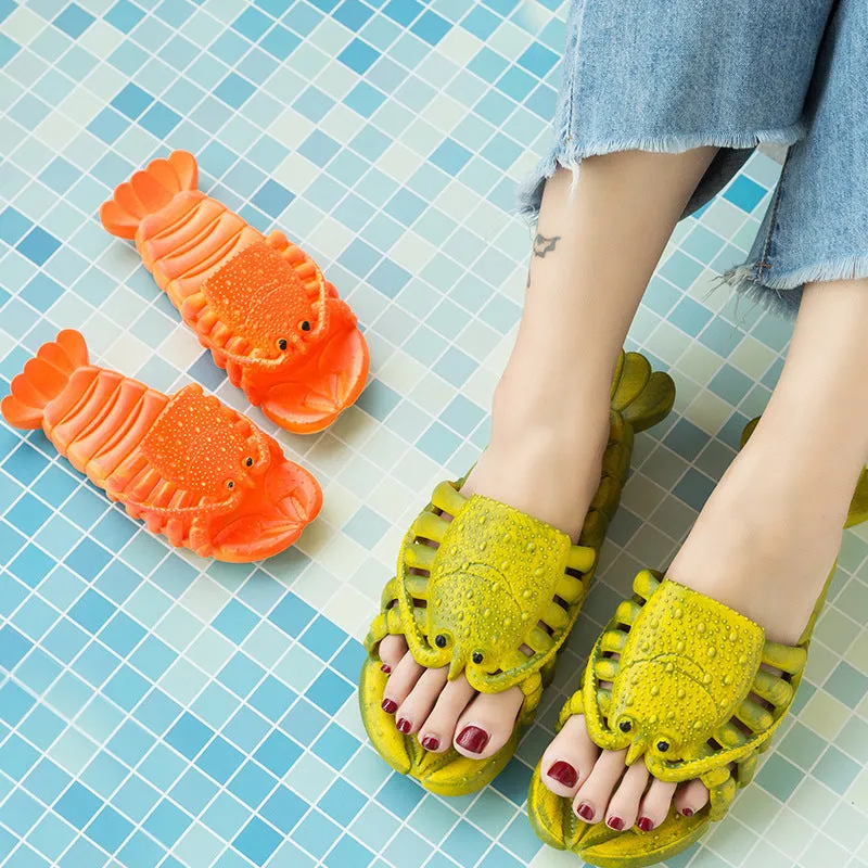 Cute red lobster-shaped PVC slippers for unisex wear, solid colour with flanging detail on patent leather upper