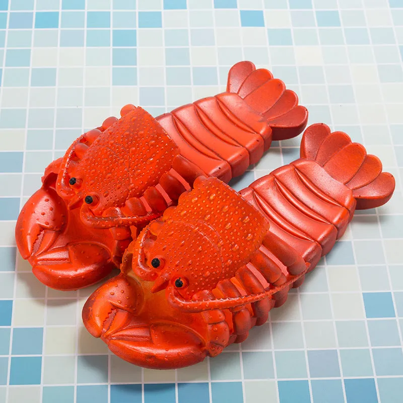 Cute red lobster-shaped PVC slippers for unisex wear, solid colour with flanging detail on patent leather upper