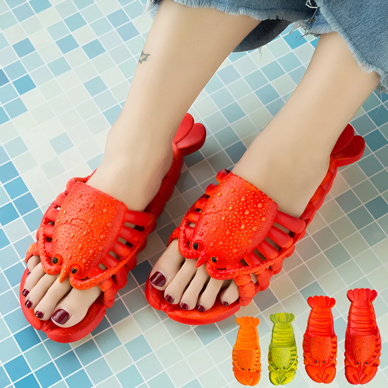 Cute red lobster-shaped PVC slippers for unisex wear, solid colour with flanging detail on patent leather upper