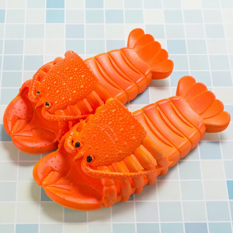 Cute red lobster-shaped PVC slippers for unisex wear, solid colour with flanging detail on patent leather upper