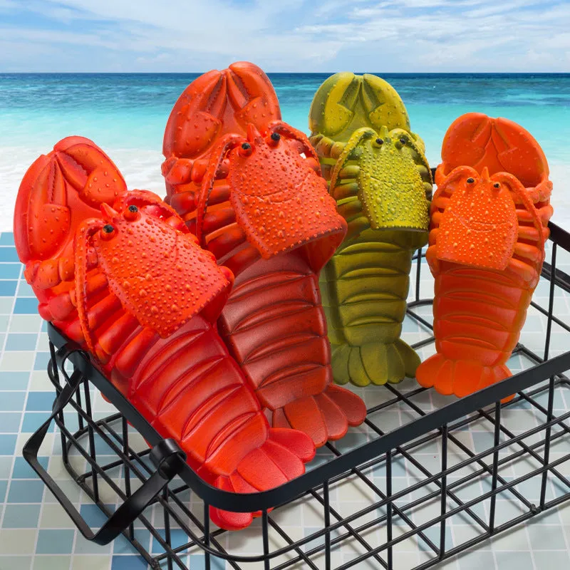 Cute red lobster-shaped PVC slippers for unisex wear, solid colour with flanging detail on patent leather upper