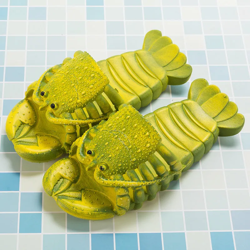 Cute red lobster-shaped PVC slippers for unisex wear, solid colour with flanging detail on patent leather upper