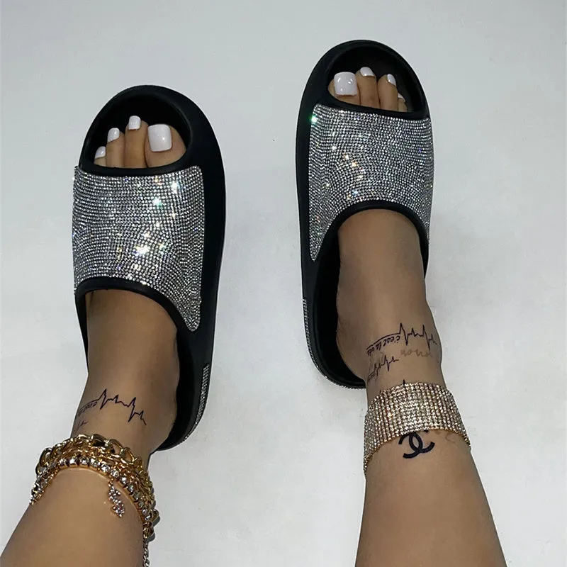 Rhinestone slippers women peep toe thick sole casual slides summer leisure Apricot colour EVA upper cloth lining