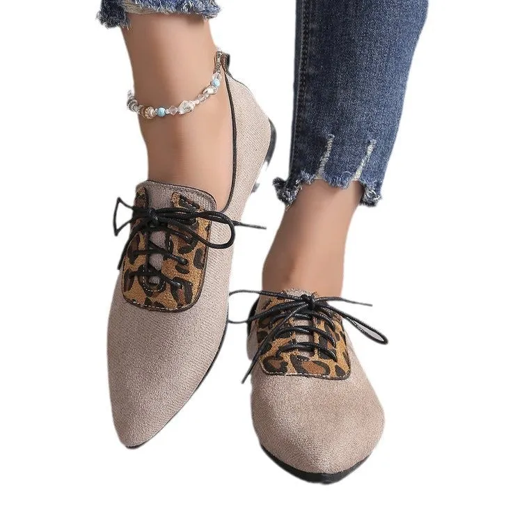 Beige leopard print pointed toe stiletto pumps for women, showing the shoe's side profile.