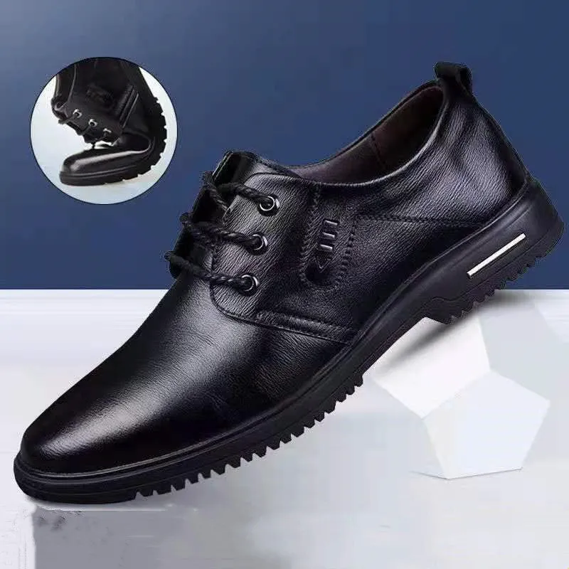 Men's casual leather shoes with cowhide upper, rubber sole, black colour, stitching details
