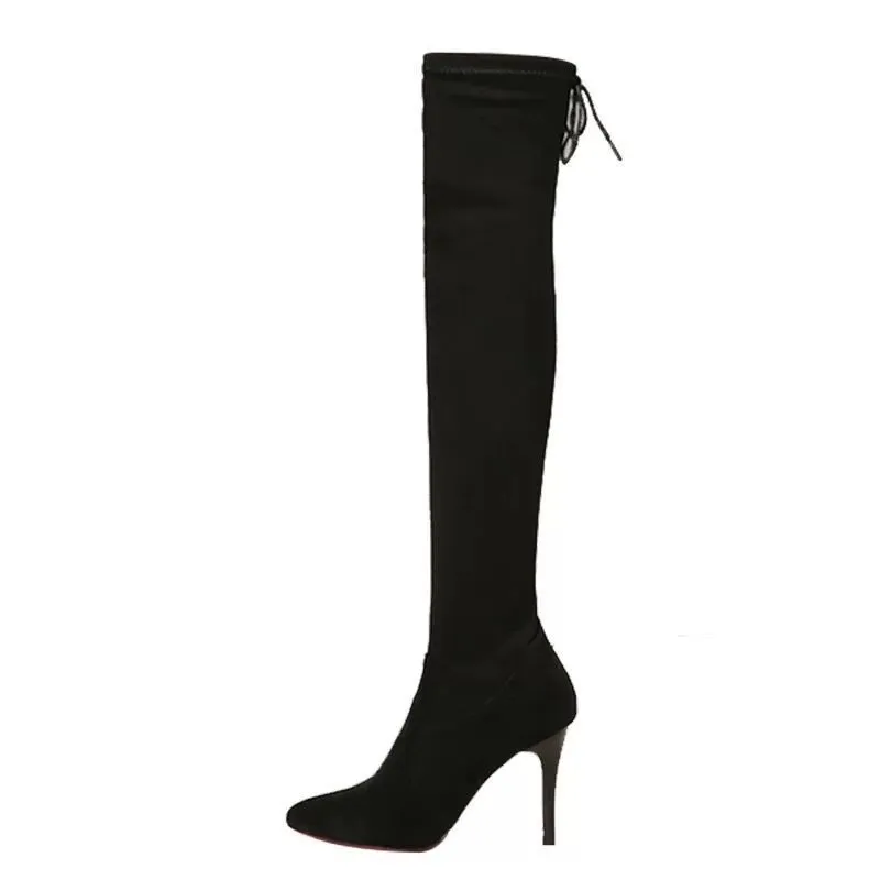Women's black PU stiletto heel pointed boots with bow detail, rubber sole, sizes 35-40