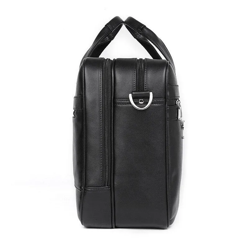Genuine Nappa leather handbag briefcase for men, solid black, business travel bag