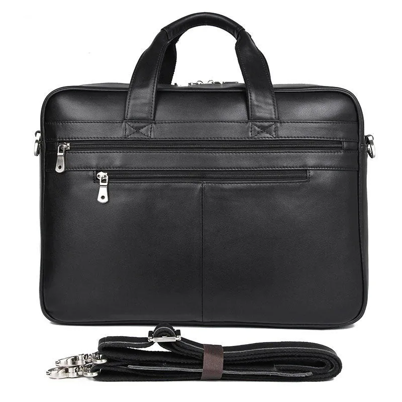 Genuine Nappa leather handbag briefcase for men, solid black, business travel bag