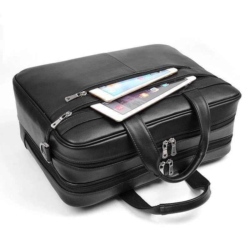 Genuine Nappa leather handbag briefcase for men, solid black, business travel bag