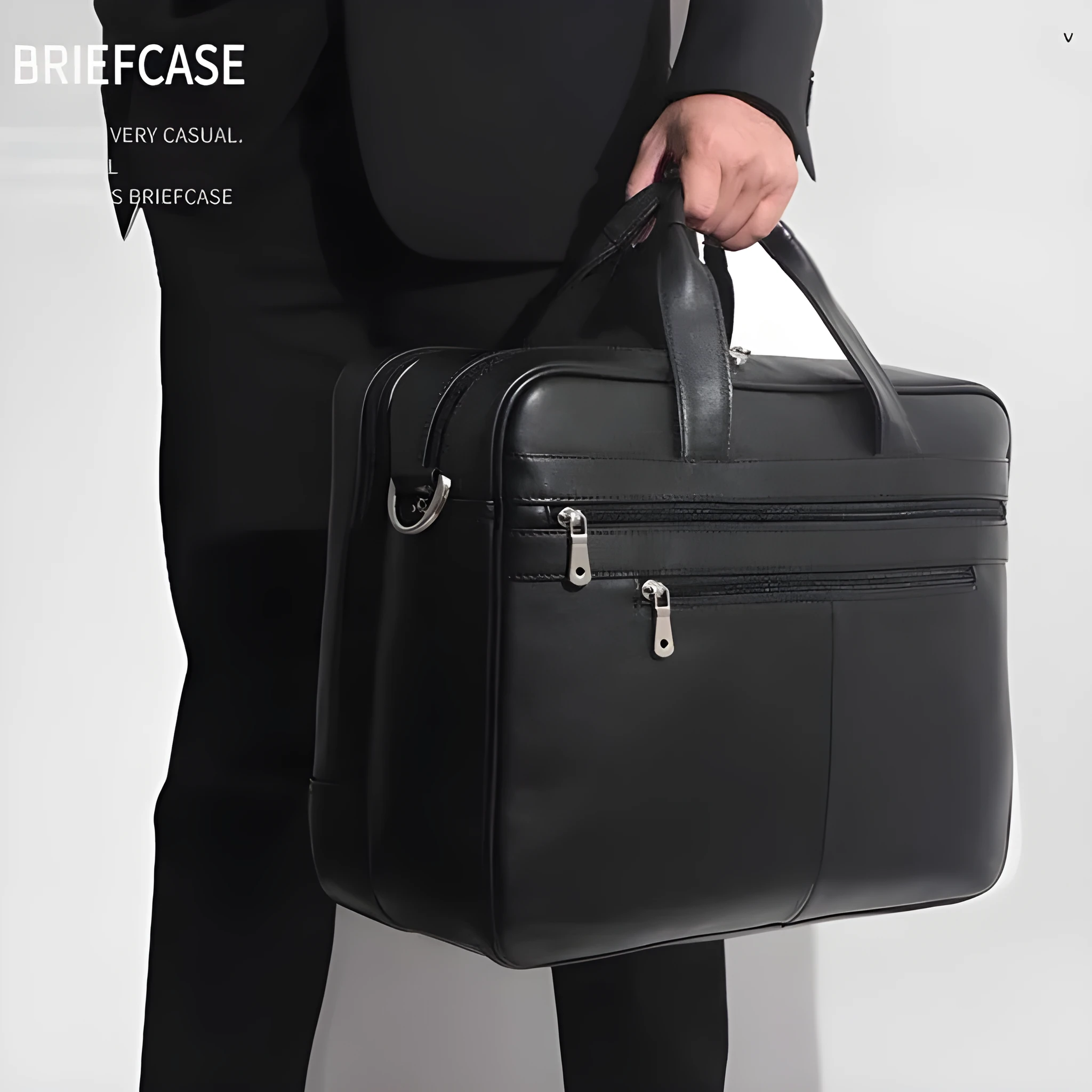 Genuine Nappa leather handbag briefcase for men, solid black, business travel bag
