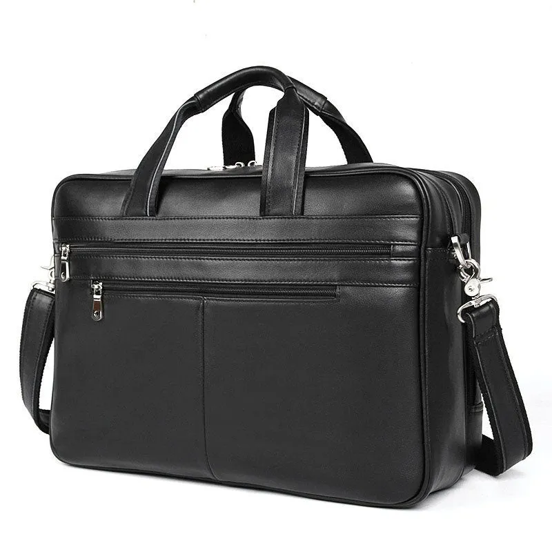 Genuine Nappa leather handbag briefcase for men, solid black, business travel bag