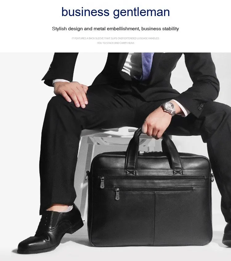 Genuine Nappa leather handbag briefcase for men, solid black, business travel bag