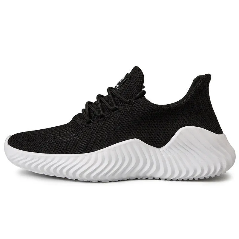 Men's white breathable flyweave mesh lace-up sports shoes with flat heel and MD sole