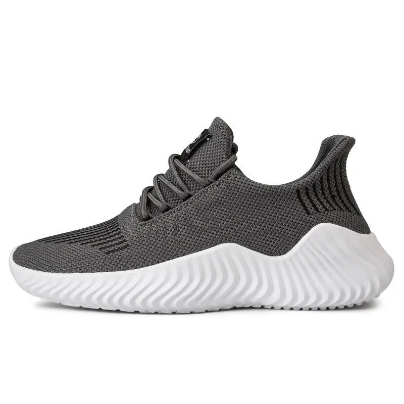 Men's white breathable flyweave mesh lace-up sports shoes with flat heel and MD sole