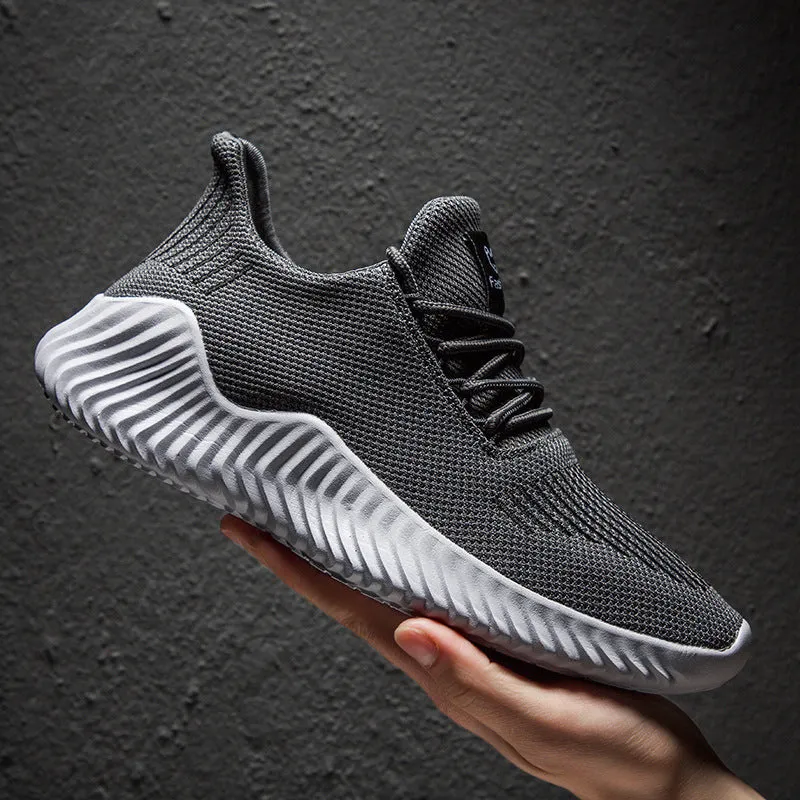 Men's white breathable flyweave mesh lace-up sports shoes with flat heel and MD sole