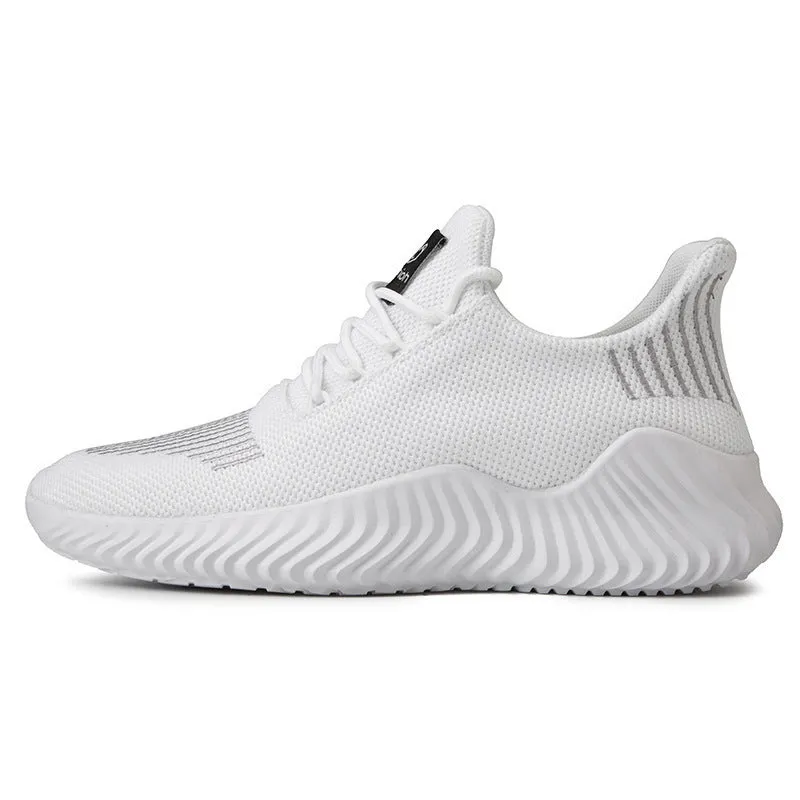 Men's white breathable flyweave mesh lace-up sports shoes with flat heel and MD sole