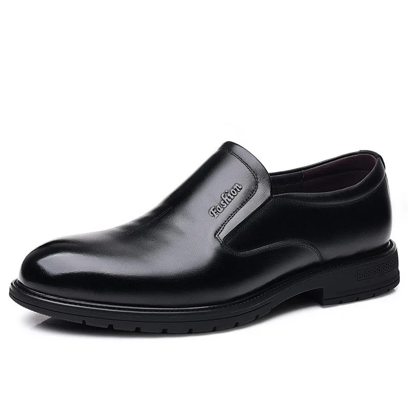 Men's black cowhide formal leather shoes with rubber sole and low upper, side view