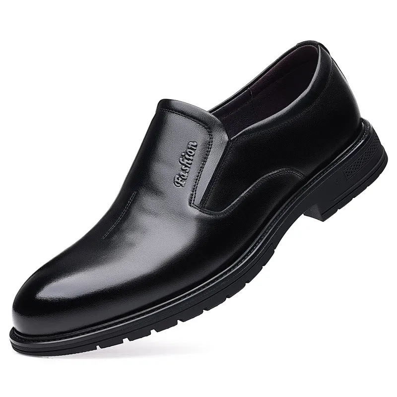 Men's black cowhide formal leather shoes with rubber sole and low upper, side view