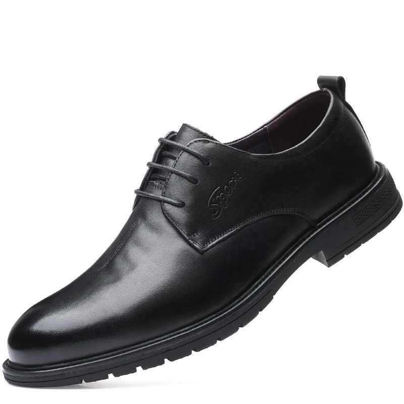 Men's black cowhide formal leather shoes with rubber sole and low upper, side view