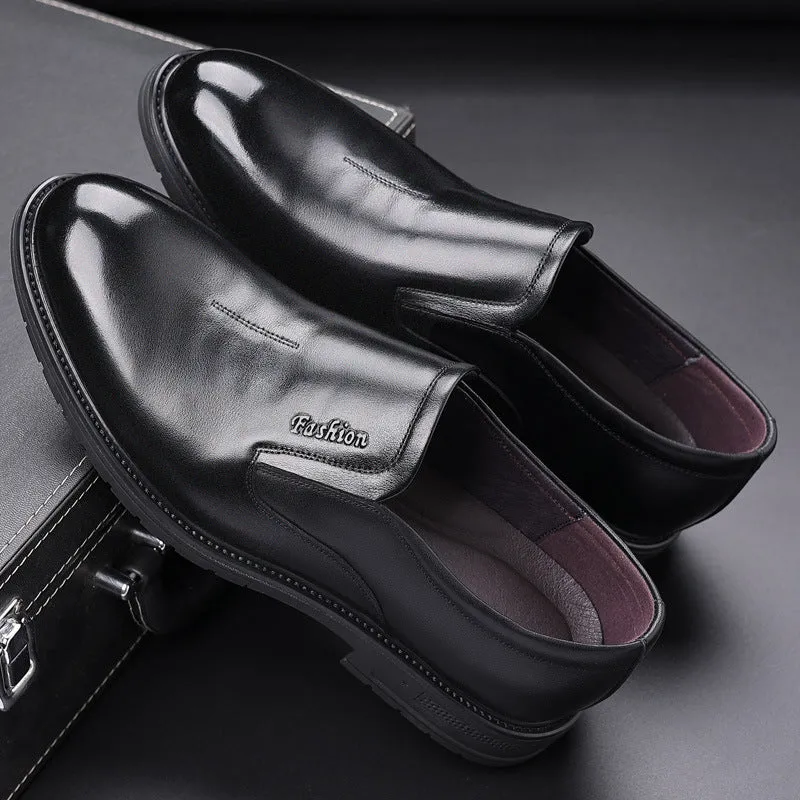 Men's black cowhide formal leather shoes with rubber sole and low upper, side view