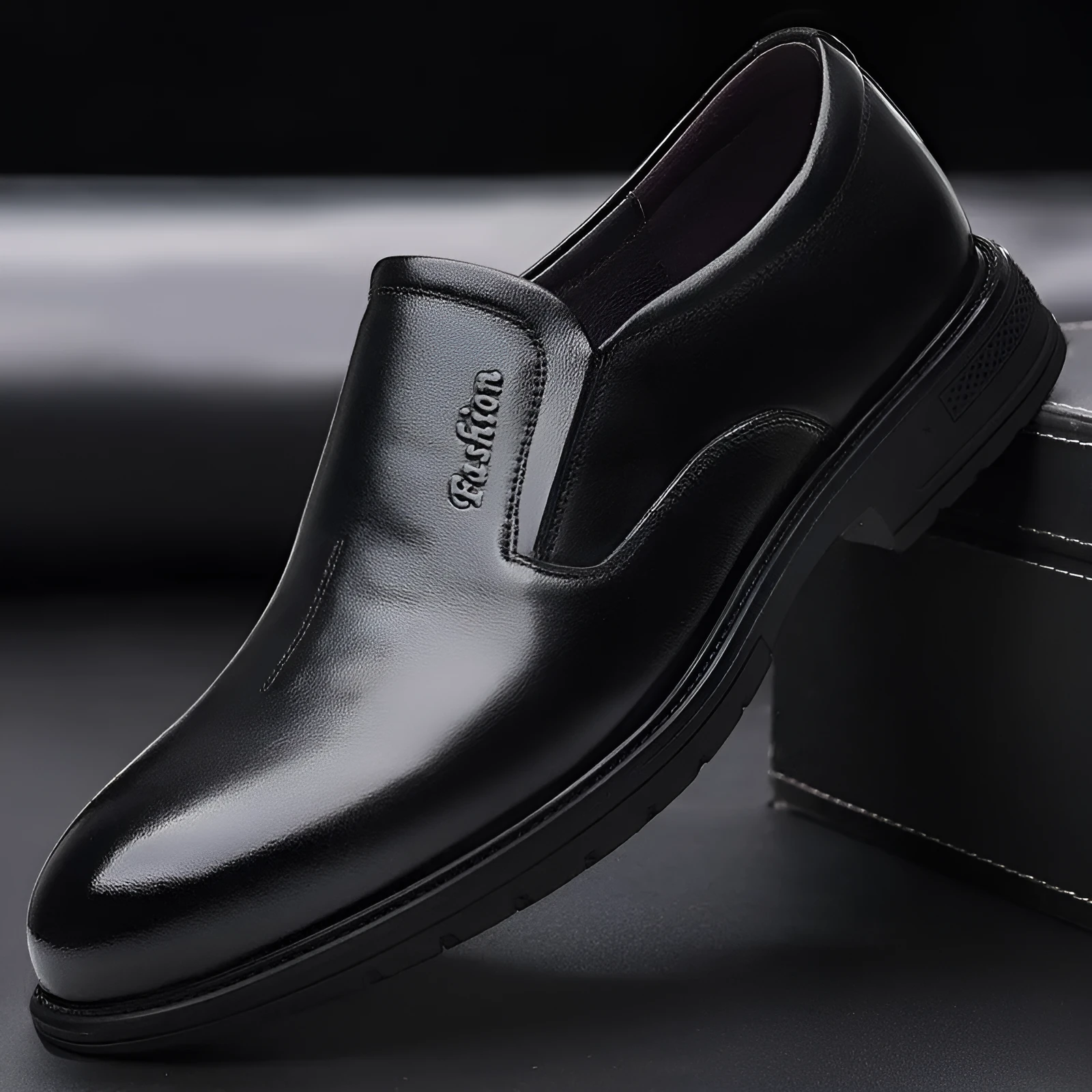 Men's black cowhide formal leather shoes with rubber sole and low upper, side view