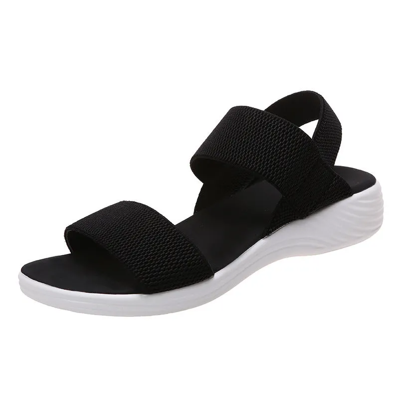 Women's platform beach sandals double strap Roman style round toe faux leather solid colour black elastic slip on shoe