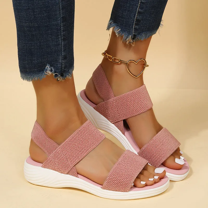 Women's platform beach sandals double strap Roman style round toe faux leather solid colour black elastic slip on shoe