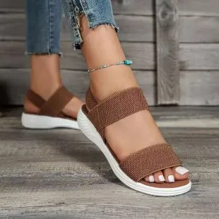 Women's platform beach sandals double strap Roman style round toe faux leather solid colour black elastic slip on shoe