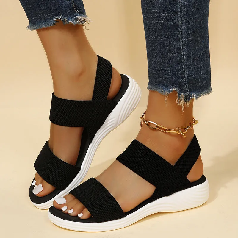 Women's platform beach sandals double strap Roman style round toe faux leather solid colour black elastic slip on shoe