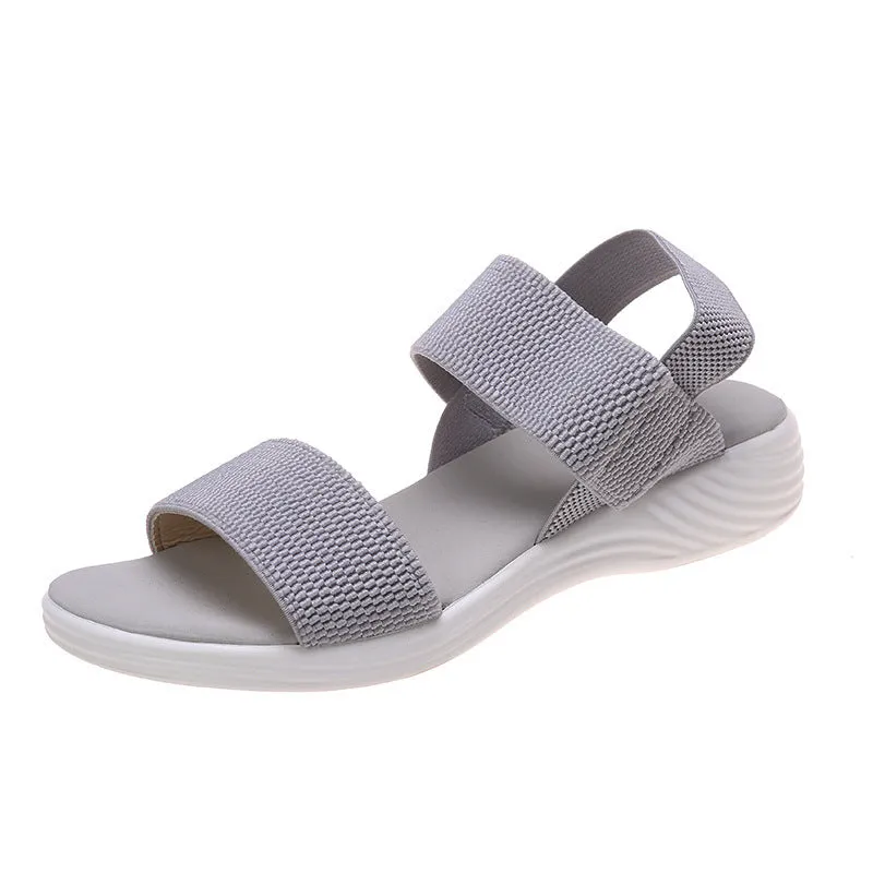 Women's platform beach sandals double strap Roman style round toe faux leather solid colour black elastic slip on shoe