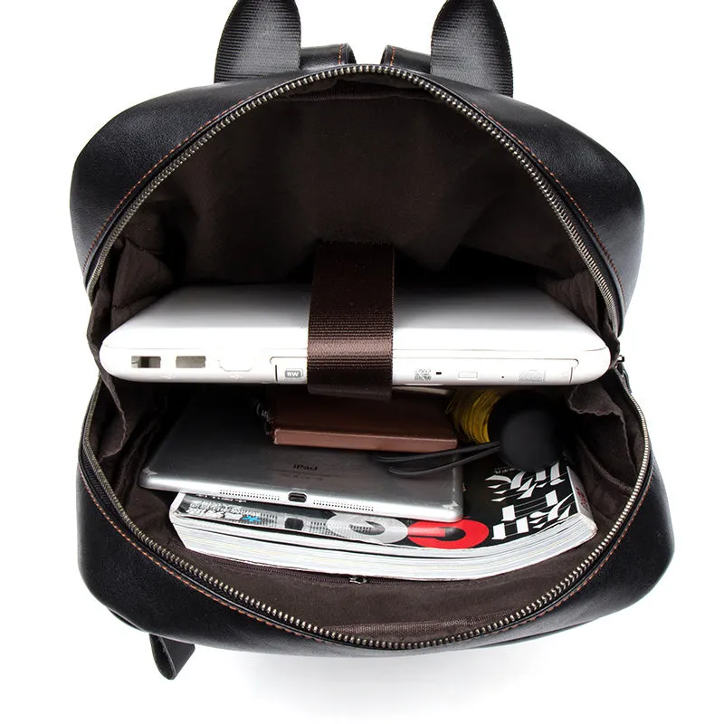 Black cowhide leather backpack 39x30x14cm with zipper closure and sewing thread detailing