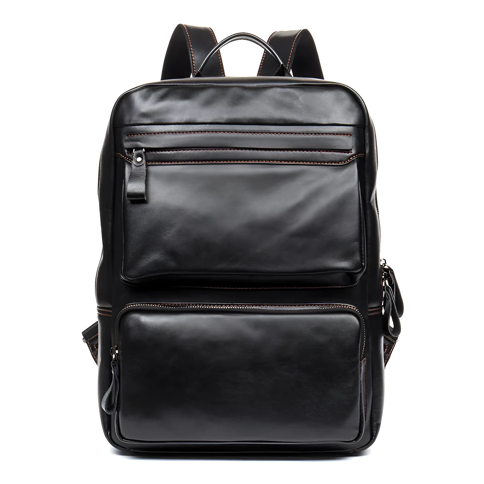 Black cowhide leather backpack 39x30x14cm with zipper closure and sewing thread detailing
