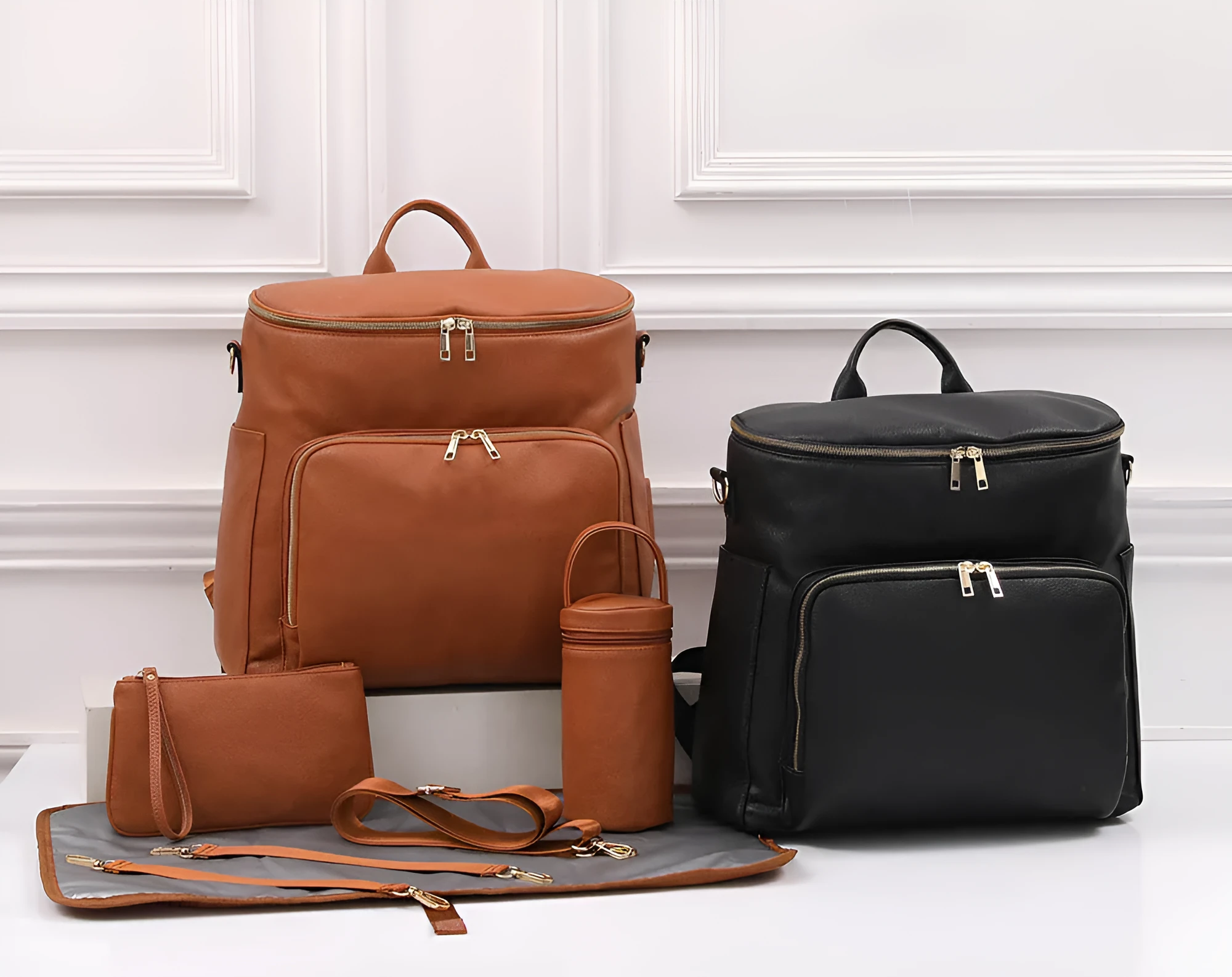 New Pu leather mommy bag large capacity 36-55L black brown backpack with stroller hooks and accessories