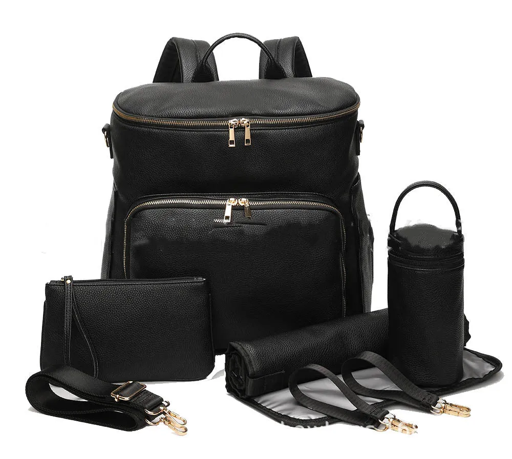 New Pu leather mommy bag large capacity 36-55L black brown backpack with stroller hooks and accessories