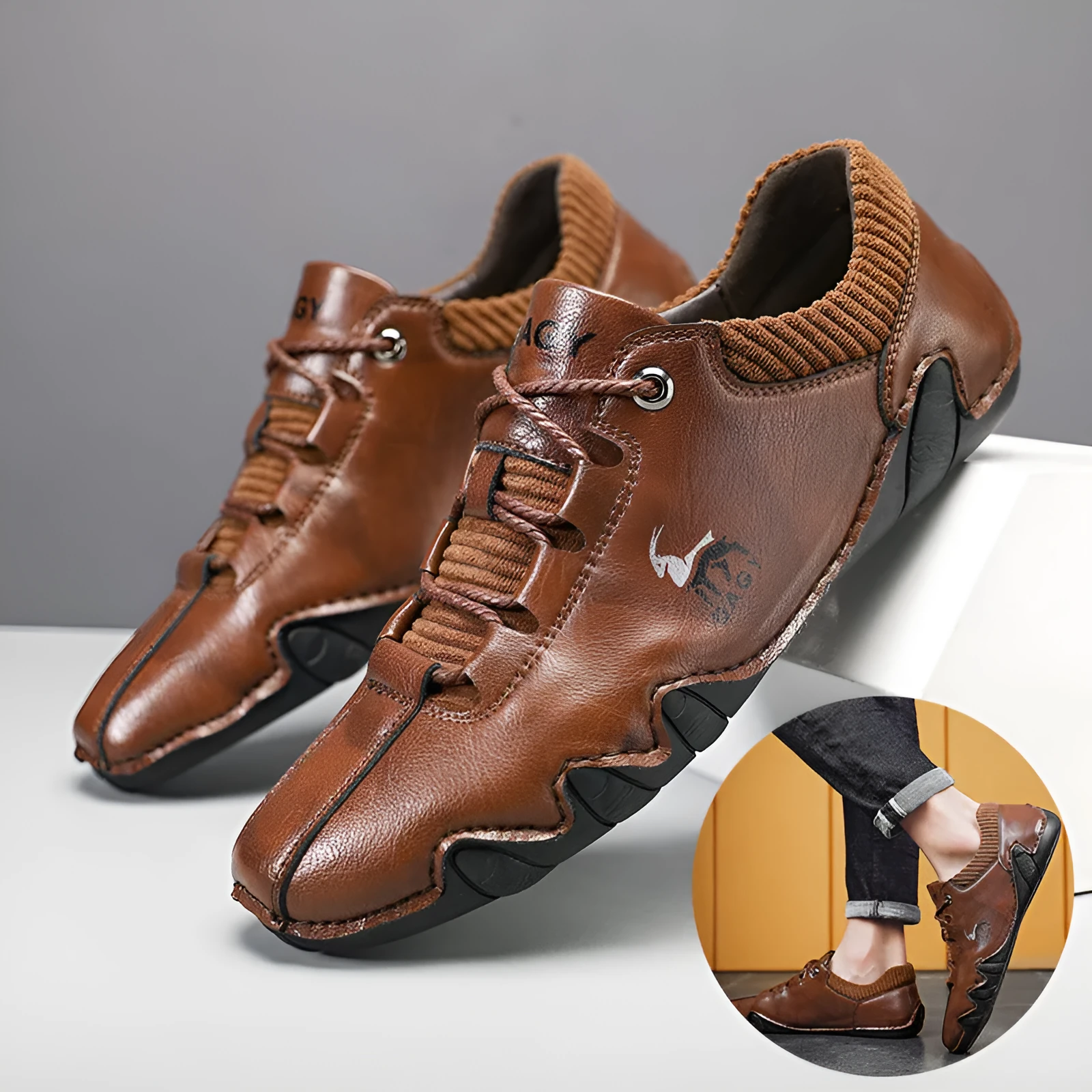 Men's solid colour lace-up casual sneakers with car stitching, blue upper, side view